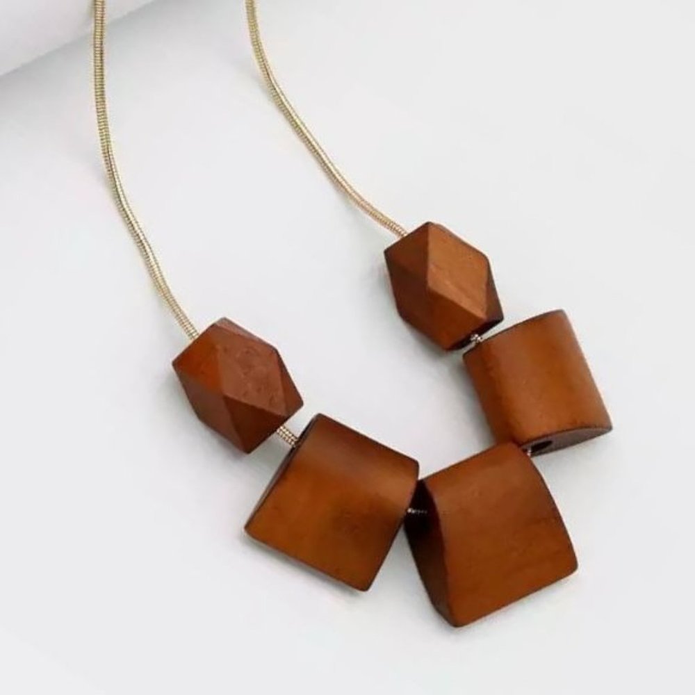 Anthropologie Wooden Geometric Bead Necklace in Warm Brown and Gold
